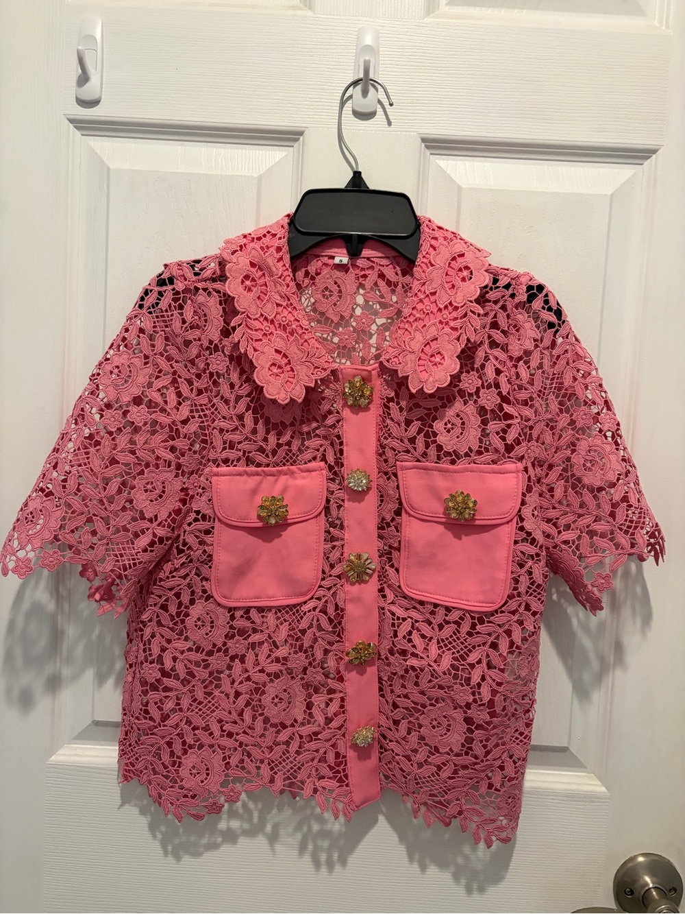Women's Pink Floral Lace Self Portrait Style Button Blouse - Picture 2 of 5